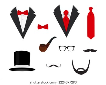 Men's jackets. Tuxedo with mustaches, glasses, beard, pipe and top hat. Wedding suits with bow tie and with necktie. Vector illustration