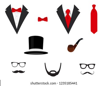 Men's jackets. Tuxedo with mustaches, glasses, beard, pipe and top hat. Wedding suits with bow tie and with necktie. Vector illustration