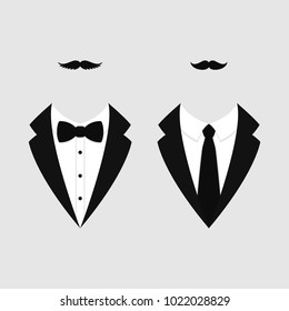 Men's jackets. Tuxedo with mustaches. Weddind suits with bow tie and with necktie. Vector illustration