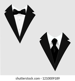 Men's jackets. Tuxedo. Wedding suits with bow tie and with necktie. Vector illustration