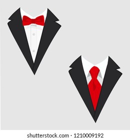 Chaquetas de hombres. Tuxedo. Trajes de matrimonio con corbata de arco y corbata. Ilustración del vector