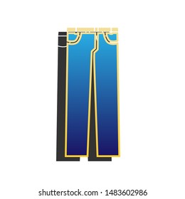 Men's jeans or pants sign. Blue icon with gold contour with dark gray shadow at white background. Illustration.