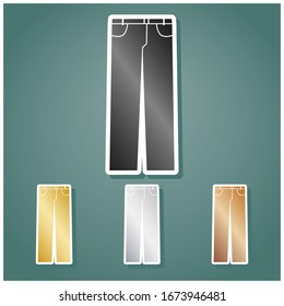 Men's jeans or pants sign. Set of metallic Icons with gray, gold, silver and bronze gradient with white contour and shadow at viridan background. Illustration.