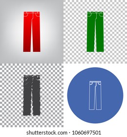 Men's jeans or pants sign. Vector. 4 styles. Red gradient in radial lighted background, green flat and gray scribble icons on transparent and linear one in blue circle.