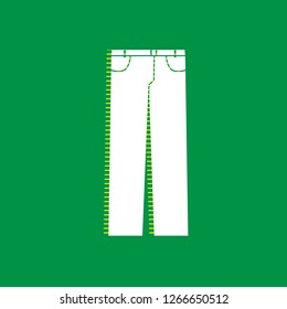 Men's jeans or pants sign. Vector. White flat icon with yellow striped shadow at green background.