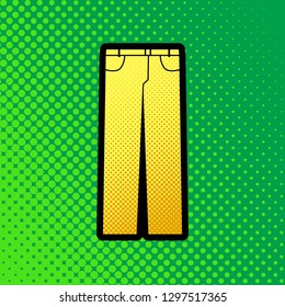 Men's jeans or pants sign. Vector. Pop art orange to yellow dots-gradient icon with black contour at greenish background.