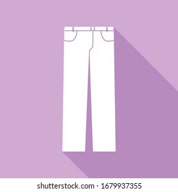 Men's jeans or pants sign. White Icon with long shadow at purple background. Illustration.