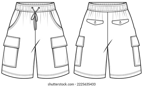 Men's Jersey shorts front and back view flat sketch fashion illustration, Cargo utility shorts with cargo pockets technical drawing vector template