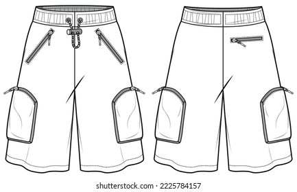 Men's Jersey shorts front and back view flat sketch fashion illustration, Cargo utility shorts with cargo pockets technical drawing vector template