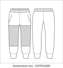 Men's jogger bottom flat sketch vector illustration front and back view technical cad drawing template