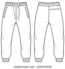 Men's Jogger bottom front and back view flat sketch fashion illustration, Knitted track pants vector template, Sweatpants design drawing