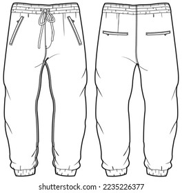 Men's Jogger bottom front and back view flat sketch fashion illustration, Knitted track pants vector template, Sweatpants design drawing