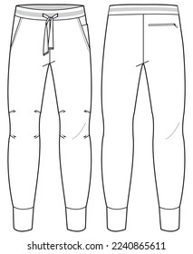 Men's Jogger bottom front and back view flat sketch fashion illustration, Knitted track pants vector template, Sweatpants design drawing