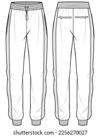 Men's Jogger bottom front and back view flat sketch fashion illustration, Knitted track pants vector template, Sweatpants design drawing