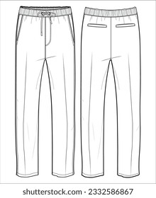 Dibujo de moda de boceto plano de la parte delantera y trasera del Jogger de los hombres, plancha vectorial de los pantalones de pista de punto, dibujo de diseño de los pantalones de sudoración