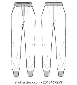 Men's Jogger bottom front and back view flat sketch fashion illustration, Knitted track pants vector template, Sweatpants design drawing