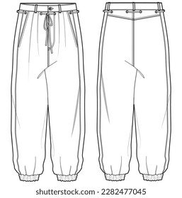 Men's Jogger pants front and back view flat sketch fashion illustration, Knitted track bottom pants vector template, Sweatpants design drawing
