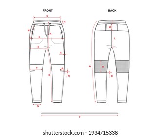 Men's joggers, front and back views, measurement guide