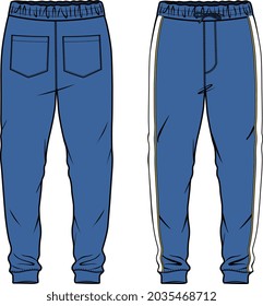 MENS KNIT JOGGERS WITH TAPING DETAIL BLUE FRONT AND BACK VECTOR