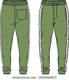 MENS KNIT JOGGERS WITH TEXT TAPING DETAIL GREEN FRONT AND BACK VECTOR