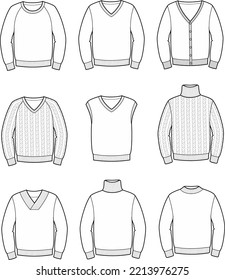 Men's Knitted Jumper, Sweater, Vest, Cardigan. Set. Knitwear. Vector Illustration.