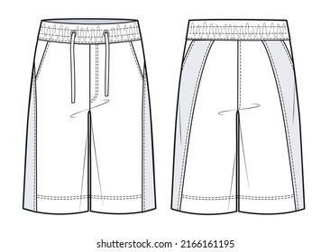 Men's knitted Shorts fashion flat technical drawing template. Short Pants, fashion flat sketch, front and back view, white.