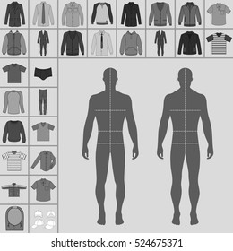 Men's large clothing outlined template set (single breasted suit, shirt, pullover, hoodie, quilted jacket etc.)  & man croquis silhouette, vector illustration isolated on grey background