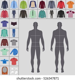 Men's large clothing outlined template set (single breasted suit, shirt, pullover, hoodie, quilted jacket etc.)  & man croquis silhouette, vector illustration isolated on grey background