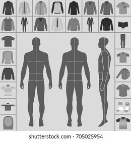 Men's large clothing outlined template set (single breasted suit, shirt, pullover, hoodie, quilted jacket etc.)  & man croquis silhouette, vector illustration isolated on white background