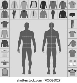 Men's large clothing outlined template set (single breasted suit, shirt, pullover, hoodie, quilted jacket etc.)  & man croquis silhouette, vector illustration isolated on white background