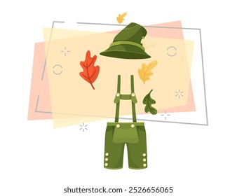 Mens lederhosen traje vetor ilustração. Desenho animado para design de banner. As folhas de outono no fundo abstrato. Oktoberfest, festival de cerveja, roupas tradicionais, celebração, conceito da Alemanha