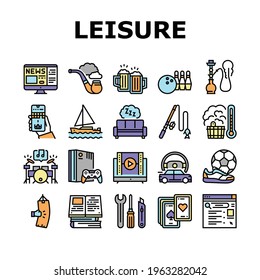 Mens Leisure Time Collection Icons Set Vector. Video Games Phone App And Watch Movie, Smoke Hookah And Pipe, Drink Beer And Play Cards Mens Leisure Concept Linear Pictograms. Contour Illustrations