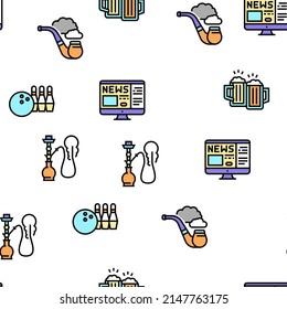 Mens Leisure Time Collection Icons Set Vector. Video Games Phone App And Watch Movie, Smoke Hookah And Pipe, Drink Beer And Play Cards Mens Leisure Black Contour Illustrations
