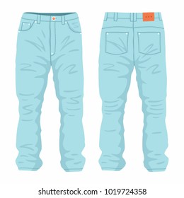 
Men's light blue jeans. Front and back views on white background