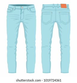 
Men's light blue jeans. Front and back views on white background