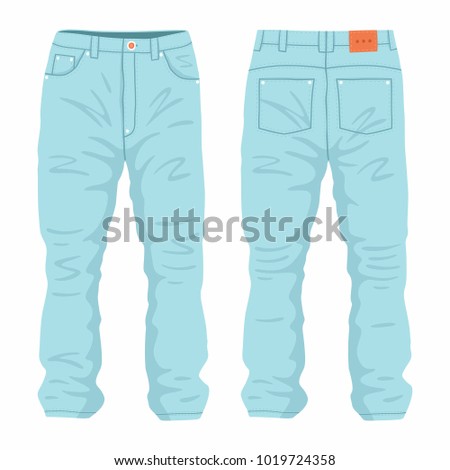 
Men's light blue jeans. Front and back views on white background