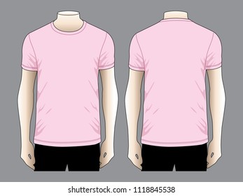 Men's Light Pink Long Sleeve T-Shirt Template on Gray Background.Front and Back View, Vector File