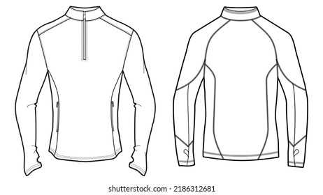 Mens Long Sleeve Base Layer Rash Guard Flat Drawing Vector Illustration Template