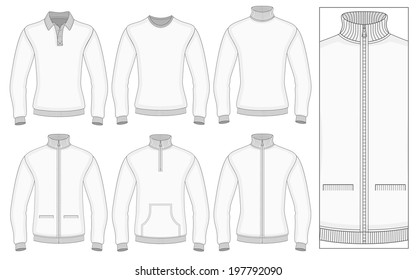 Men's long sleeve clothes templates (front view). Vector illustration. No mesh. Redact color very easy. Ribbed collar, cuffs and waistband.