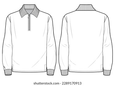 Men's long sleeve collar T Shirt flat sketch fashion illustration drawing template mock up and front   back view  Zip up polo t  shirt vector cad drawing