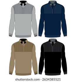 Men's long sleeve collar T Shirt flat sketch fashion illustration drawing template mock up with front and back view. Zip up polo t-shirt vector cad drawing