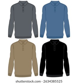 Men's long sleeve collar T Shirt flat sketch fashion illustration drawing template mock up with front and back view. Zip up polo t-shirt vector cad drawing