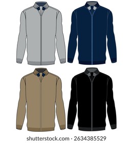Men's long sleeve collar T Shirt flat sketch fashion illustration drawing template mock up with front and back view. Zip up polo t-shirt vector cad drawing