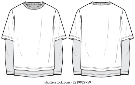 Men's long sleeve Crew neck T Shirt flat sketch fashion illustration with front and back view. Doctor Sleeve T-Shirt drawing vector template mock up