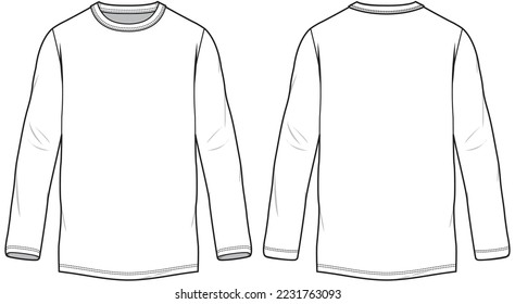 Cuello de la manga larga Cuello de la tripulación de los hombres Camiseta dibujo plano ilustración de la moda maqueta maqueta maqueta arriba con vista frontal y posterior