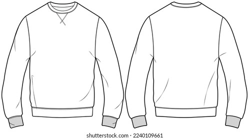 mens long sleeve crew neck t shirt flat sketch vector illustration sweatshirt front and back technical cad drawing template