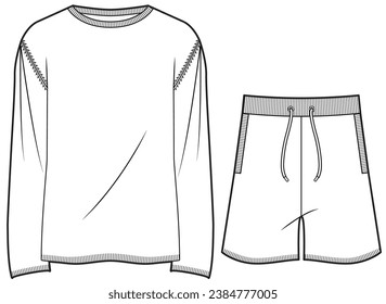 mens long sleeve crew neck drop shoulder sweater and drawstring waist shorts set fashion flat sketch vector illustration technical cad drawing template