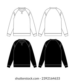 Men's long sleeve Crew neck T Shirt flat sketch fashion illustration drawing template mock up with front and back view