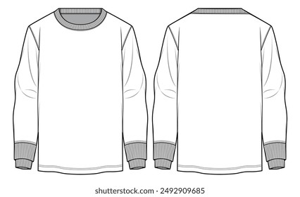 Men's long sleeve Crew neck T Shirt flat sketch fashion illustration drawing template mock up with front and back view