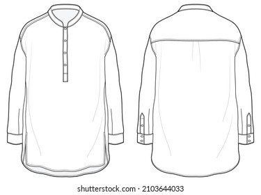 Mens Long Sleeve Drop Shoulder Longline Shirt With Mandarin Band Collar Front And Back View Long Kurta Shirt Flat Sketch Vector Illustration